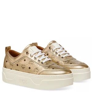 MCM Metallic Gold Logo Platform Sneakers